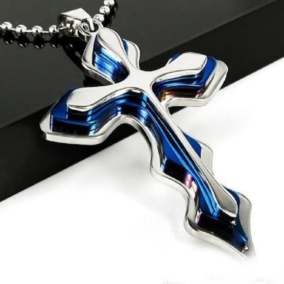 Other - Men's/Unisex Silver & Blue Stainless Steel Cross